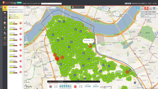오픈메이트는 '사람과 돈의 흐름을 지도로 만드는 GIS 전문기업'이라고 밝히고 있듯이 30여 가지 공공정보와 자체 2차 가공정보, 고객이 보유한 정보를 융합해 새로운 지리공간정보 빅데이터 해법을 제시한다. 공공시설과 영업점 등의 입지, 상권 분석은 탁월한 효용성이 입증되고 있다. 차트와 도표, 그래픽 등으로 제시되는 오픈메이트의 CCTV 설치 적합지 분석의 예.   오픈메이트 제공
